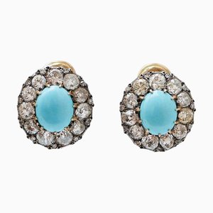 18 Karat Yellow Gold and Silver Earrings with Diamonds and Turquoises, Set of 2