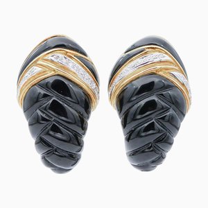 Diamonds, Onyx, 18 Karat Yellow and White Gold Earrings, Set of 2