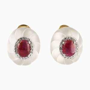 Handcrafted Yellow Gold Earrings with Rock Crystals, Rubies and Diamonds, Set of 2