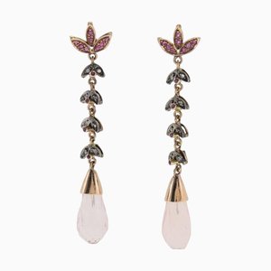 Handcrafted Gold and Silver Dangle Earrings with Quartz, Rubies and Diamonds, Set of 2