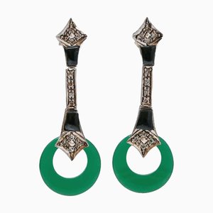 Ohrringe aus Jade, Onyx, Diamanten, Roségold und Silber, 2 . Set