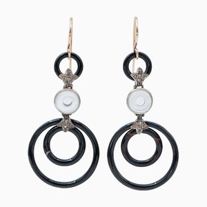 Diamonds, White Stones, Onyx, Rose Gold and Silver Dangle Earrings, Set of 2