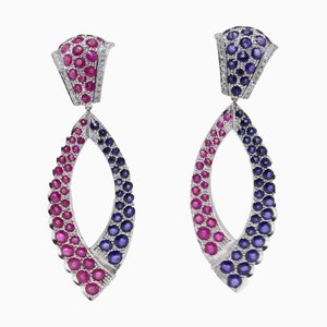 Antique Handcrafted Gold Drop Earrings with Diamonds, Sapphires and Rubies, Set of 2