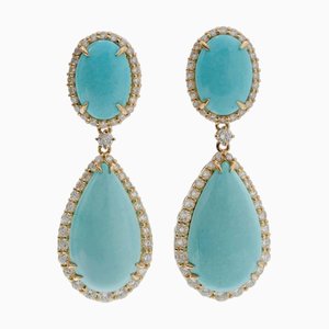 18 Karat Yellow Gold Earrings with Turquoise and Diamonds, Set of 2