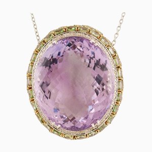 Halskette mit Anhänger aus Weißgold mit weißen Diamanten, grünen Saphiren und Amethyst