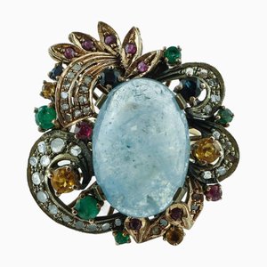 Rose Gold and Silver Cocktail Ring with Aquamarine, Sapphires, Rubies, Emeralds and Diamonds