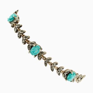 Bracelet Maillons en Or Rose et Argent avec Micro-Sculptures Turquoise et Diamants