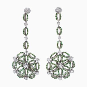 White Gold Dangle Earrings with Tsavorites and Diamonds, Set of 2