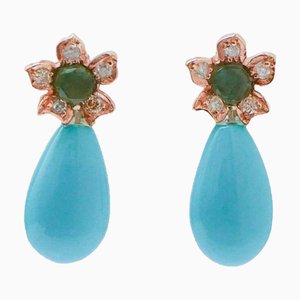 Rose Gold Earrings with Turquoise, Emeralds and Diamonds, Set of 2