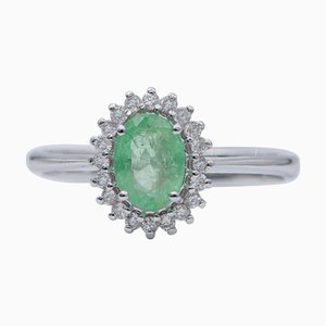 Emerald, Diamonds and 18 Karat White Gold Modern Ring