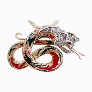 Rubine, Diamanten, Emaille, Roségold und Silber Drachenbrosche oder Anhänger