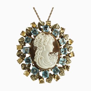 Cameo-Anhänger oder Brosche aus Gold und Silber mit blauen und gelben Topasen und Diamanten