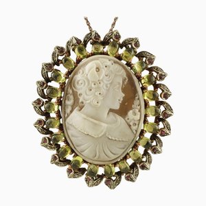 Cameo-Anhänger oder Brosche aus Roségold und Silber mit Peridot, Diamanten und Rubinen