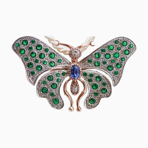 Broche Mariposa de Zafiro, Diamantes, Espinela Hidrotermal, Oro Rosa y Plata