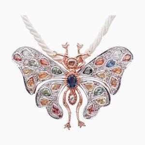 Broche o collar con colgante de zafiros, diamantes, oro rosa y plata
