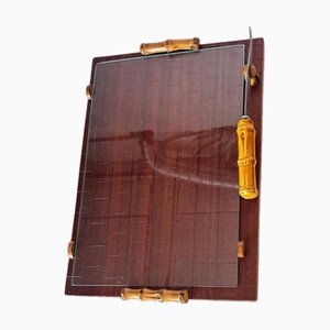 Dark Wood Cheese Tray with Faux Bamboo Handles and Ceramic Knife, 1970s