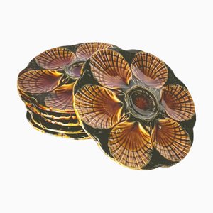 19th Century Majolica Oyster Plates in Green and Brown Glazes, Set of 6