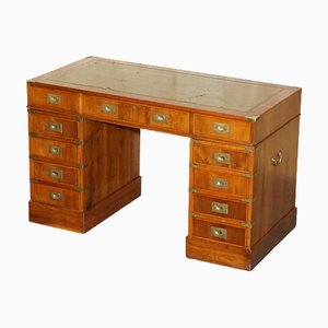 Vintage Military Campaign Burr Yew Wood and Green Leather Pedestal Desk from Harrods