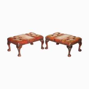 Vintage Hand-Dyed Leather Chesterfield Ottomans with Claw and Ball Feet, Set of 2