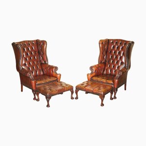 Chesterfield Wingback Armchairs and Ottomans with Claw and Ball Feet, Set of 4