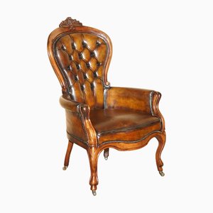 Handgefärbter viktorianischer Chesterfield Bibliothekssessel aus braunem Leder