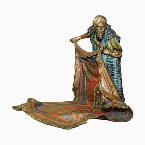 Antique Painted Bronze Rug Seller Statue by Franz Bergman, 1910s