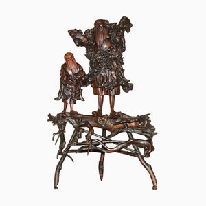 Antike chinesische Wurzelholzschnitzereien von Wisemen auf Plattform, 1880er