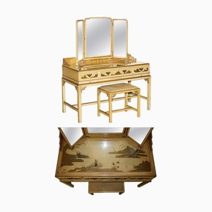 Chinese Chinoiserie Walnut Dressing Table and Stool, 1920s, Set of 2