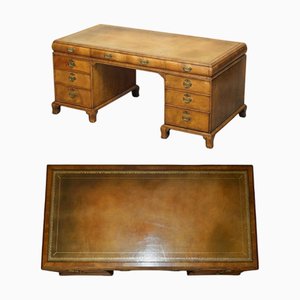 Walnut and Brown Leather Partner's Desk with Cushion Drawers, 1880s