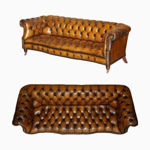 Vintage Hand-Dyed Brown Leather Serpentine Chesterfield Sofa