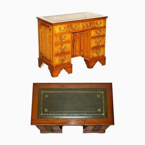 Small Burr and Burl Yew Wood Twin Pedestal Desk with Green Leather Top