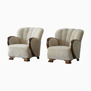 Art Deco Danish Lounge Chairs in Lambswool & Birch, 1930s, Set of 2