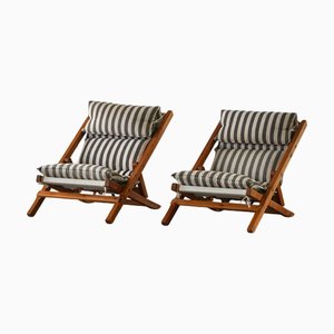 Mid-Century Sessel aus Kiefernholz & gestreiftem Baumwoll-Canvas, Dänemark, 1970er, 2er Set