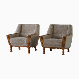 Danish Modern Easy Chairs in Oak & Lambswool by Henning Kjærnulf, 1960s, Set of 2