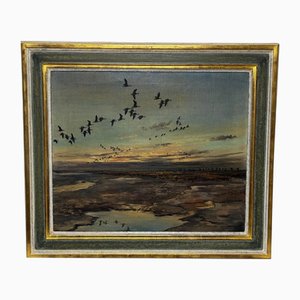Hugh Monahan, Brent Geese Flying Over Marsh, the Fens, Holanda Meridional, Lincolnshire, 1954, pintura al óleo