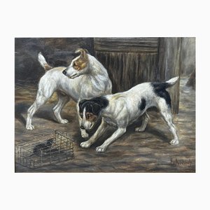 Victorian Artist, Jack Russell Terriers Guarding a Rat, 1880, Oil Painting