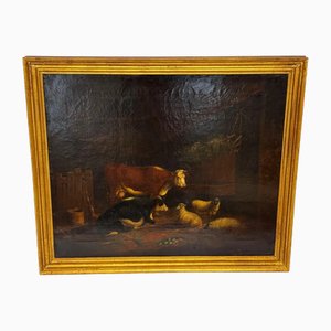 Suiveur de Thomas Sidney Groupe Cuivre, Vaches et Moutons dans une Grange, 1850, Peinture à l'Huile