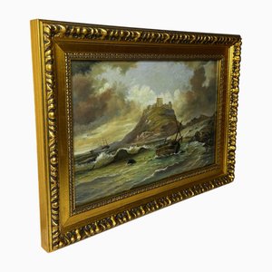 Suiveur de John Wilson Carmichael, naufrage historique du château de Bamburgh, milieu du XIXe siècle, peinture à l'huile, encadrée