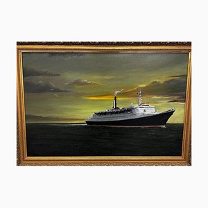 QE2 at Sea, XX secolo, grande dipinto ad olio, con cornice