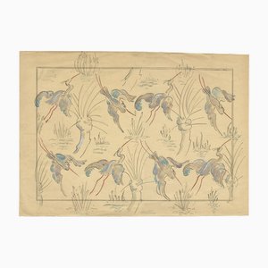 Jean Mary Ogilvie, Estampado de cigüeña Art Déco grande, años 30, Gouache