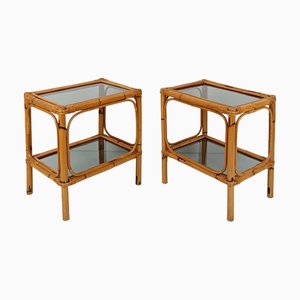 Italienische Nachttische aus Bambus, Rattan & Rauchglas, 1970er, 2er Set