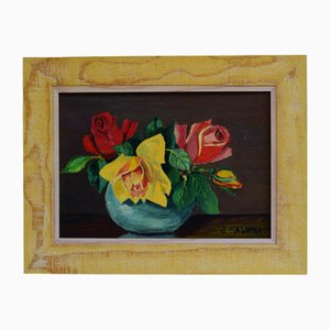 J Halupka, Still Life with Bunch of Flowers, 1980s, Oil on Canvas, Framed