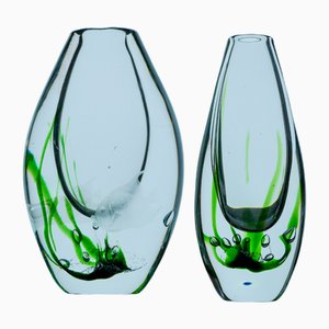 Scandinavia Modern Seaweed and Fish Vases by Vicke Lindstrand Kosta, Sweden, 1960s, Set of 2