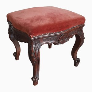 Antique Victorian Footstool in Walnut Wood and Upholstered Fabric Late 19th Century