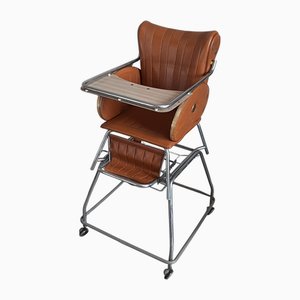 Vintage High Chair with Wheels in Chrome Metal and Faux Leather in Brown, 1960