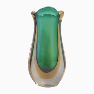 Flavio Poli zugeschriebene Sommerso Murano Glasvase in Grün & Gelb, 1950er