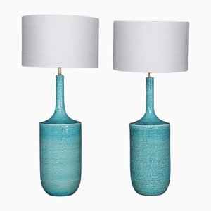 Vintage French Blue Ceramic Table Lamps, 1970, Set of 2