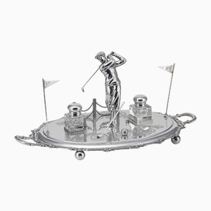 Antique English Silver-Plated Golfing Inkwell, 1920, Set of 3