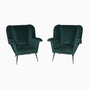 Mid-Century Italian Green Fabric & Brass Armchairs, 1950s, Set of 2