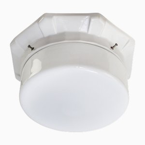 French Art Deco White Porcelain Opaline Glass Flush Mount, Ceiling Lamp, 1920s